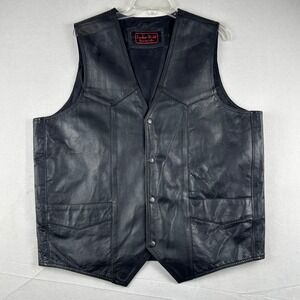 Leather World by Lucky Leather Mens Black Biker Vest Genuine Leather Size 44-46